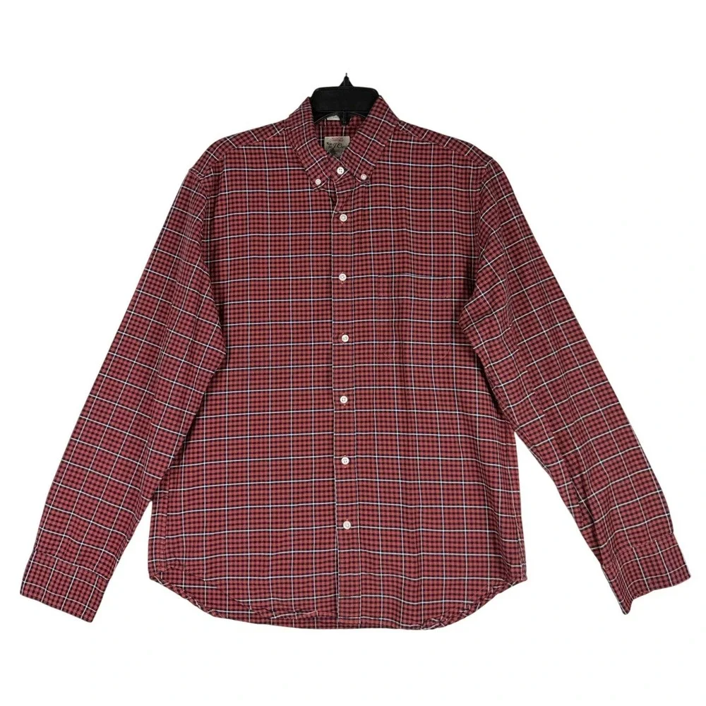 J.Crew Mens Classic Oxford Shirt M Red Navy Blue Plaid Button Down Cotton